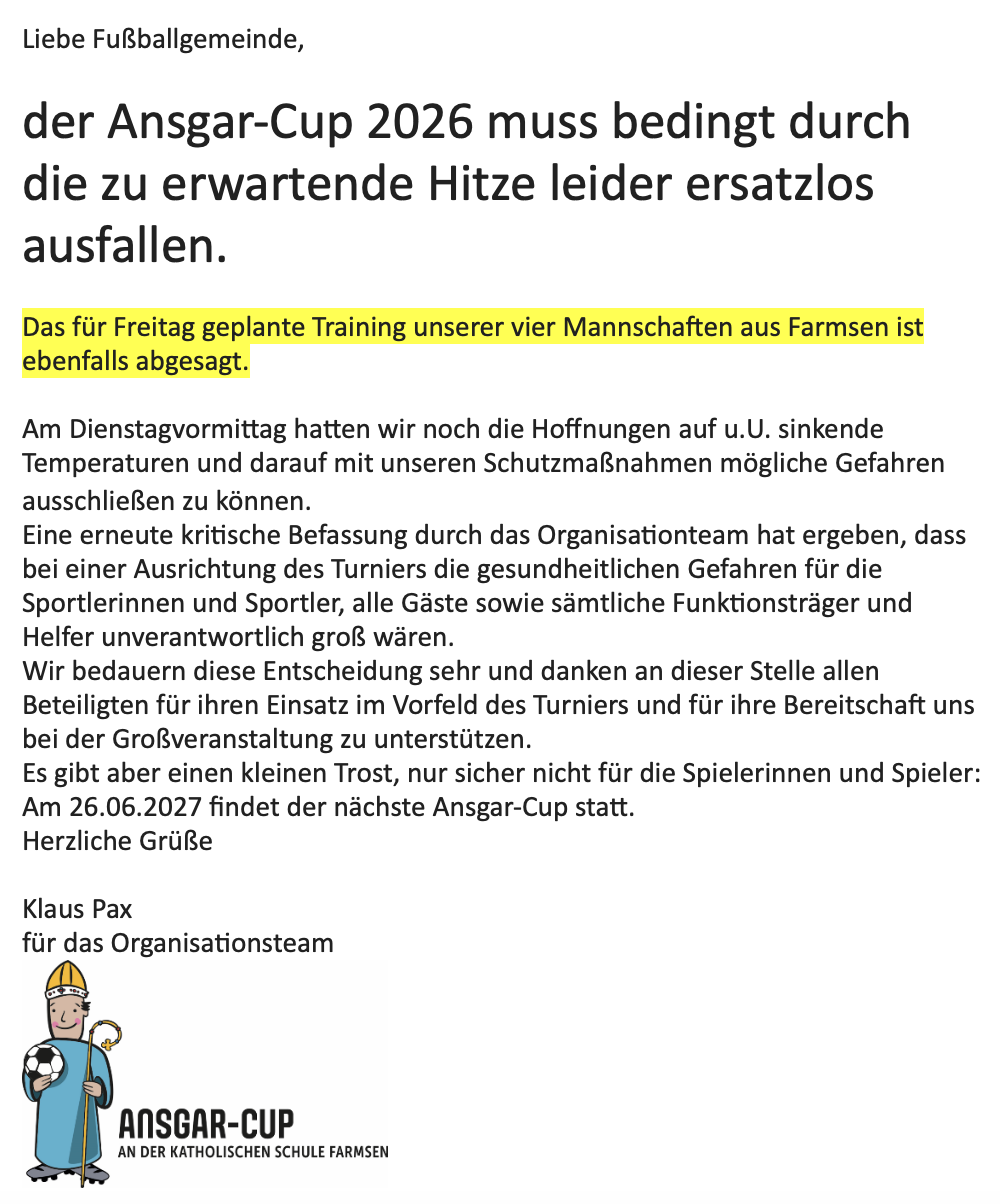 Ansgar-Cup 2026 muss bedingt durch die zu erwartende Hitze leider ersatzlos ausfallen